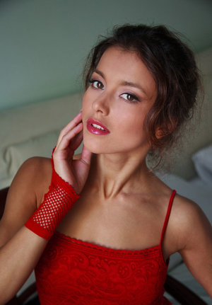 18 year old girl Barbie Bree strips to pink leg warmers in her bedroom
